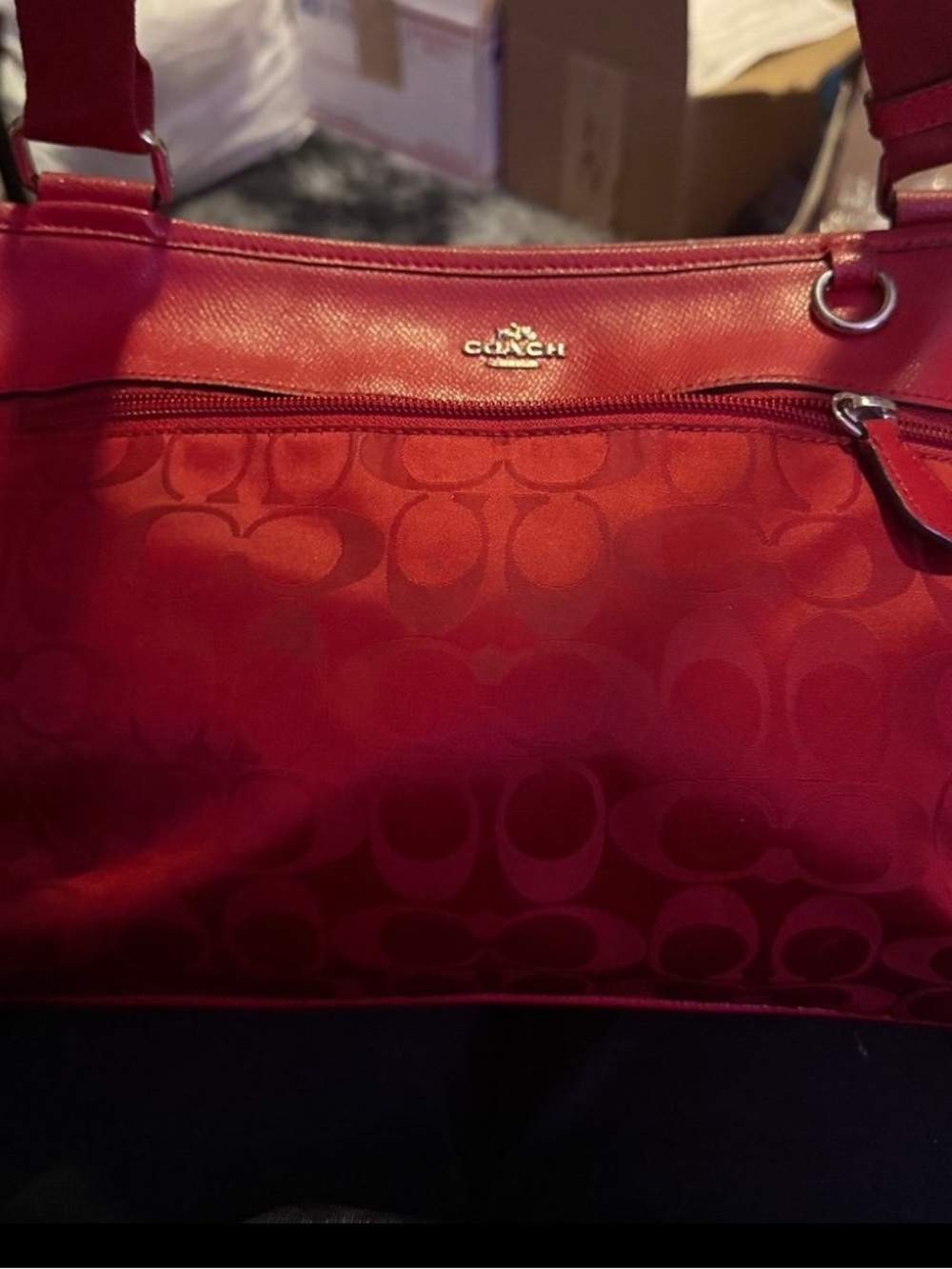 Coach Red Signature Shoulder Bag with Pearl Bow Charm